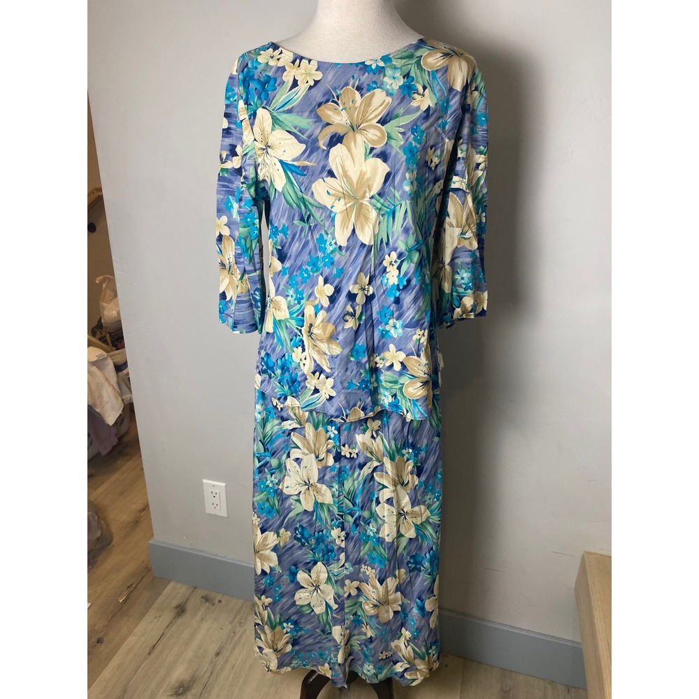 Lesley Fay Vintage 90s 2 Piece Set Floral Tropical Blue Tunic Top Maxi Skirt